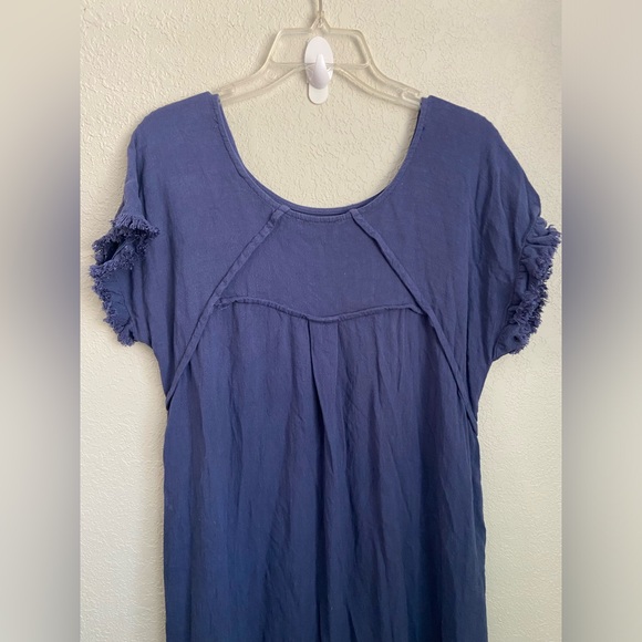 NWOT, Umgee Linen Blend Round Neck Navy Dress w Pockets Fringed Assymetrical Hem - Picture 7 of 13
